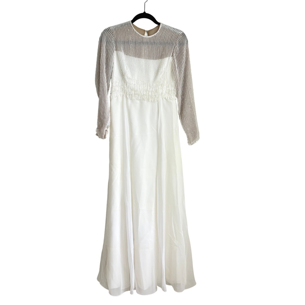 Vintage Jack Bryan Fringe‎ Beaded Long sleeve Ivory Party Wedding Formal Gown - Picture 2 of 13